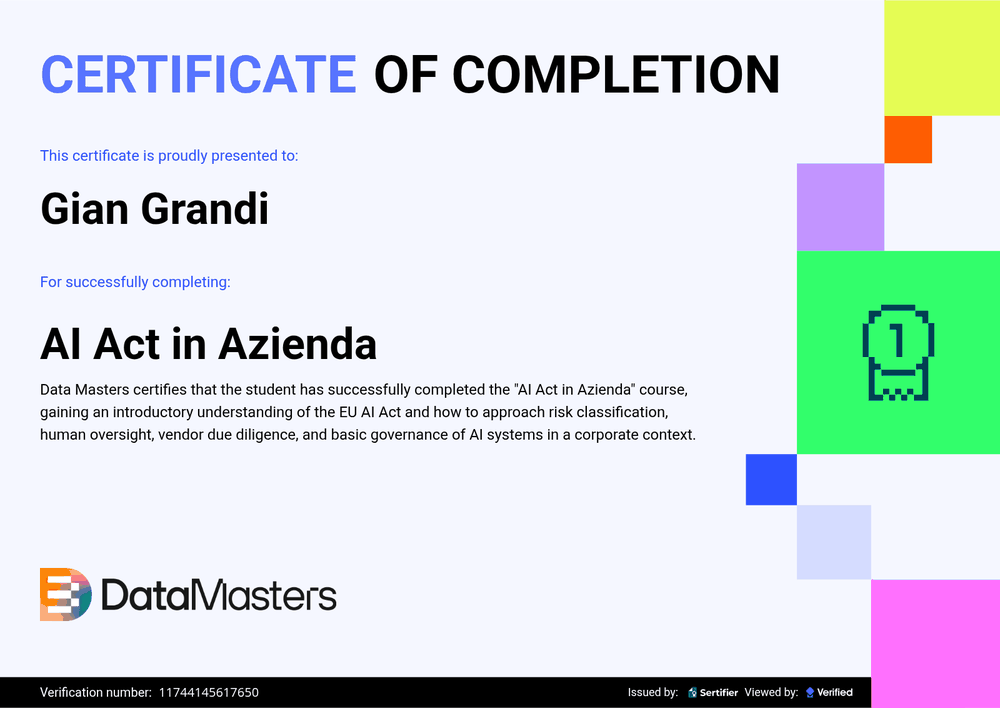 Certificato AI Act in Azienda di Data Masters rilasciato a Gian Luigi Grandi — apri la verifica